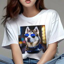 Tシャツ レディース 犬ファン 半袖 春夏 プリント カジュアル かわいい 人間用 フィットネス サングラス シベリアンハスキー 青いスカーフ 夜の街(4)