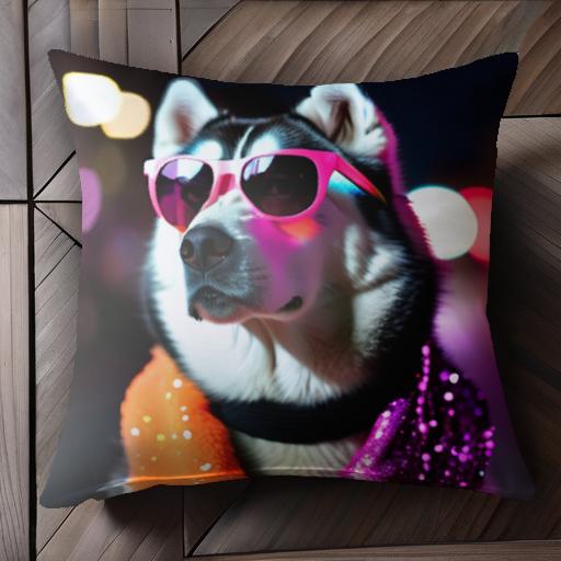 サングラス シベリアンハスキー ネオン クッションカバー 45×45cm アニマル柄 おしゃれ 可愛い クッション本体付き 正方形
