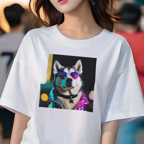 楽天フロントップ楽天市場店Tシャツ レディース 犬ファン 半袖 春夏 プリント カジュアル かわいい 人間用 フィットネス サングラス シベリアンハスキー スパンコールジャケット スターアクセサリー 夜景 ネオン