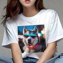 Tシャツ レディース 犬ファン 半袖 春夏 プリント カジュアル かわいい 人間用 フィットネス サングラス シベリアンハスキー 夜景 首輪(4)