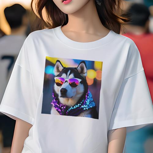 Tシャツ レディース 犬ファン 半袖 春夏 プリント カジュアル かわいい 人間用 フィットネス サングラス シベリアンハスキー ネオン 夜街 キラキラ スカーフ Tシャツ レディース 犬ファン 半袖 春夏 プリント カジュアル かわいい 人間用 フィットネス サングラス シベリアンハスキー ネオン 夜街 キラキラ スカーフ