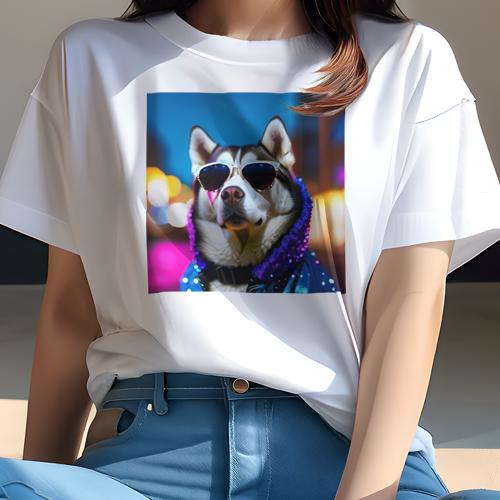 Tシャツ レディース 犬ファン 半袖 春夏 プリント カジュアル かわいい 人間用 フィットネス サングラス シベリアンハスキー 派手な背景 ブルーのジャケット Tシャツ レディース 犬ファン 半袖 春夏 プリント カジュアル かわいい 人間用 フィットネス サングラス シベリアンハスキー 派手な背景 ブルーのジャケット