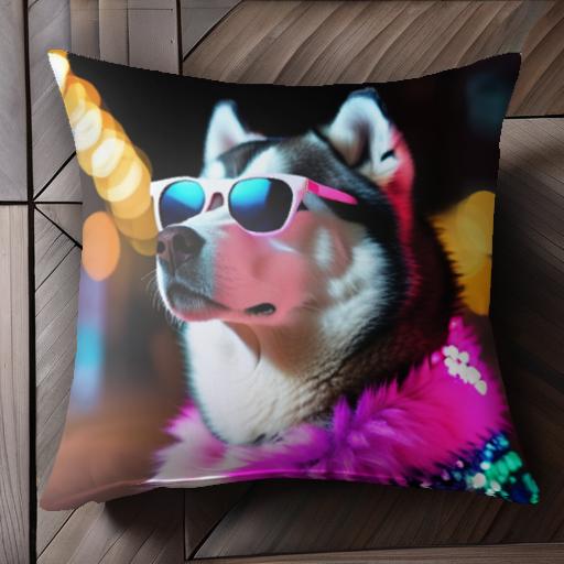 サングラス シベリアンハスキー ネオンライト 派手な服 夜の街 クッションカバー 45×45cm アニマル柄 ..
