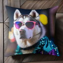 サングラス シベリアンハスキー ジャケット ネオンライト クッションカバー 45×45cm アニマル柄 おしゃれ 可愛い クッション本体付き 正方形