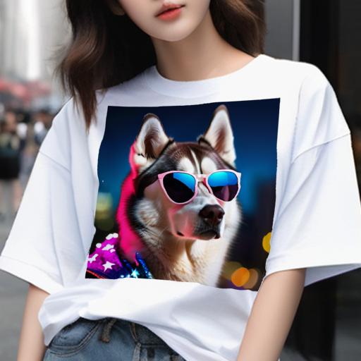 楽天フロントップ楽天市場店Tシャツ メンズ キッズ 犬ファン 半袖 春夏 プリント カジュアル かわいい 人間用 フィットネス サングラス シベリアンハスキー 夜景 キラキラ 青い光