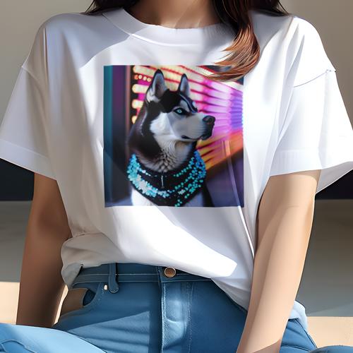 Tシャツ レディース 犬ファン 半袖 春夏 プリント カジュアル かわいい 人間用 フィットネス ネオン シベリアンハスキー ライト 色鮮やか 夜景 Tシャツ レディース 犬ファン 半袖 春夏 プリント カジュアル かわいい 人間用 フィットネス ネオン シベリアンハスキー ライト 色鮮やか 夜景