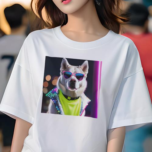 Tシャツ レディース 犬ファン 半袖 春夏 プリント カジュアル かわいい 人間用 フィットネス サングラス シベリアンハスキー 蛍光色の服 夜 ネオンライト