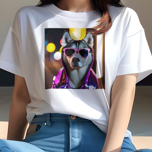 Tシャツ レディース 犬ファン 半袖 春夏 プリント カジュアル かわいい 人間用 フィットネス サングラス シベリアンハスキー 紫色のジャケット 夜景 光の反射 Tシャツ レディース 犬ファン 半袖 春夏 プリント カジュアル かわいい 人間用 フィットネス サングラス シベリアンハスキー 紫色のジャケット 夜景 光の反射