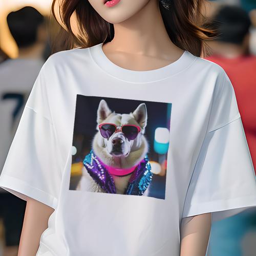 Tシャツ レディース 犬ファン 半袖 春夏 プリント カジュアル かわいい 人間用 フィットネス サングラス シベリアンハスキー 夜景 ネオン キラキラ