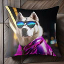 サングラス シベリアンハスキー パープルのジャケット 夜景 クッションカバー 45×45cm アニマル柄 おしゃれ 可愛い クッション本体付き 正方形