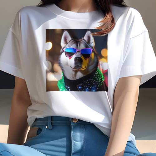 楽天フロントップ楽天市場店Tシャツ レディース 犬ファン 半袖 春夏 プリント カジュアル かわいい 人間用 フィットネス サングラス シベリアンハスキー 夜 街灯 キラキラ ジャケット