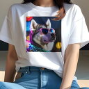 Tシャツ レディース 犬ファン 半袖 春夏 プリント カジュアル かわいい 人間用 フィットネス サングラス シベリアンハスキー 夜の背景 イルミネーション 首輪