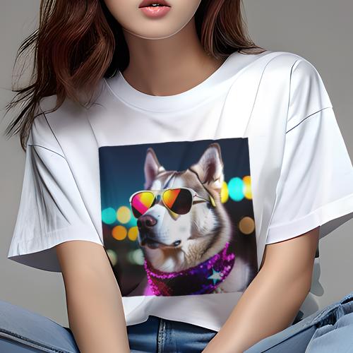 Tシャツ レディース 犬ファン 半袖 春夏 プリント カジュアル かわいい 人間用 フィットネス サングラス シベリアンハスキー バンダナ 夜景 ネオン