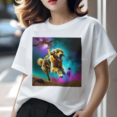 Tシャツ レディース 犬ファン 半袖 春夏 プリント カジュアル かわいい 人間用 フィットネス 宇宙 ゴールデンレトリバー 惑星 星雲(4)