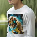 長袖Tシャツ 人間用 メンズ 秋春夏 プリント レジャー アウトドア カジュアル かわいい 宇宙 ゴールデンレトリバー ヘッドホン 星