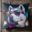 サングラス シベリアンハスキー ネオン 夜景 犬 クッションカバー 45×45cm アニマル柄 おしゃれ 可愛い クッション本体付き 正方形