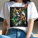 Tシャツ レディース 犬ファン 半袖 春夏 プリント カジュアル かわいい 人間用 フィットネス ペイントスプラッシュ コーギー 緑の背景(4)