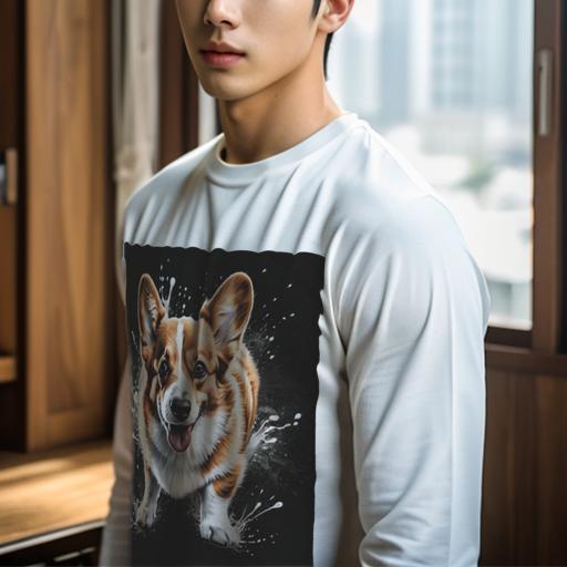 長袖Tシャツ 人間用 メンズ 秋春夏 プリント レジャー アウトドア カジュアル かわいい スプラッシュ コーギー 黒背景
