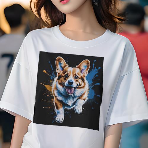 Tシャツ レディース 犬ファン 半袖 春夏 プリント カジュアル かわいい 人間用 フィットネス カラースプラッシュ コーギー 黒い背景