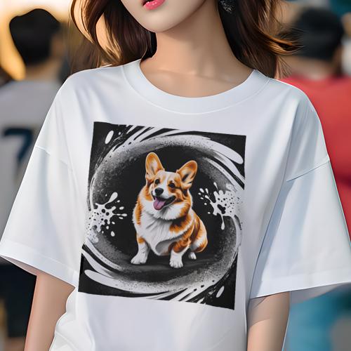 Tシャツ レディース 犬ファン 半袖 春夏 プリント カジュアル かわいい 人間用 フィットネス スプラッシュ コーギー アート 黒背景 Tシャツ レディース 犬ファン 半袖 春夏 プリント カジュアル かわいい 人間用 フィットネス スプラッシュ コーギー アート 黒背景