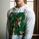長袖Tシャツ 人間用 メンズ 秋春夏 プリント レジャー アウトドア カジュアル かわいい 葉 ウェルシュコーギーペンブローク 緑色の背景