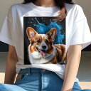 Tシャツ レディース 犬ファン 半袖 春夏 プリント カジュアル かわいい 人間用 フィットネス 水しぶき コーギー 青(4)