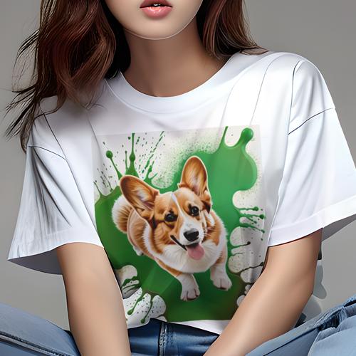Tシャツ レディース 犬ファン 半袖 春夏 プリント カジュアル かわいい 人間用 フィットネス グリーンのペイント コーギー クリエイティブアート Tシャツ レディース 犬ファン 半袖 春夏 プリント カジュアル かわいい 人間用 フィットネス グリーンのペイント コーギー クリエイティブアート