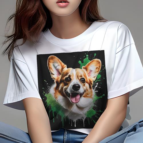 Tシャツ レディース 犬ファン 半袖 春夏 プリント カジュアル かわいい 人間用 フィットネス スプラッシュアート コーギー 色彩 抽象的 黒地