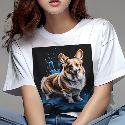 Tシャツ レディース 犬ファン 半袖 春夏 プリント カジュアル かわいい 人間用 フィットネス 青い水しぶき ウェルシュコーギーペンブローク