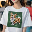 Tシャツ レディース 犬ファン 半袖 春夏 プリント カジュアル かわいい 人間用 フィットネス 緑 コーギー 芸術 スプラッシュ 可愛い 楽しい