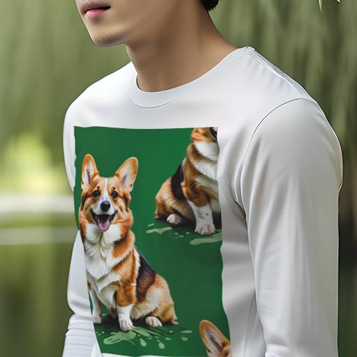長袖Tシャツ 人間用 メンズ 秋春夏 プリント レジャー アウトドア カジュアル かわいい 緑の背景 コーギー
