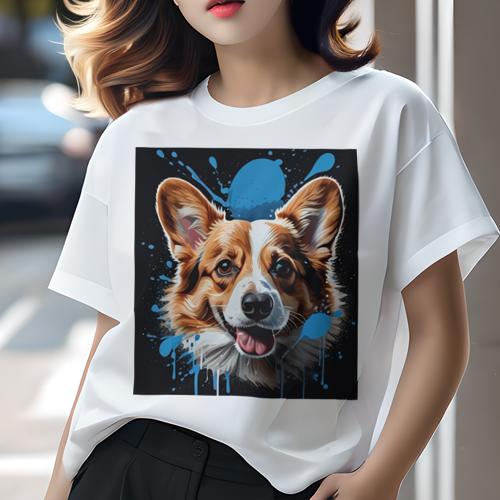 Tシャツ レディース 犬ファン 半袖 春夏 プリント カジュアル かわいい 人間用 フィットネス スプラッシュアート ウェルシュコーギー カラフル ポップアート