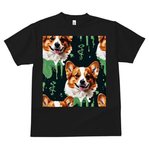 Tシャツ レディース 犬ファン 半袖 春夏 プリント カジュアル かわいい 人間用 フィットネス 緑色のドロップ コーギー 黒い背景