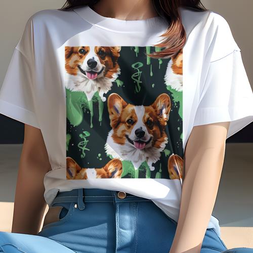 Tシャツ レディース 犬ファン 半袖 春夏 プリント カジュアル かわいい 人間用 フィットネス 緑色のドロップ コーギー 黒い背景 Tシャツ レディース 犬ファン 半袖 春夏 プリント カジュアル かわいい 人間用 フィットネス 緑色のドロップ コーギー 黒い背景