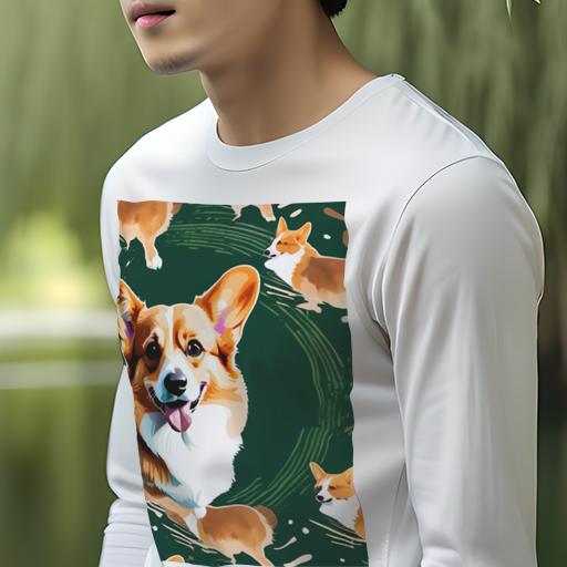 長袖Tシャツ 人間用 メンズ 秋春夏 プリント レジャー アウトドア カジュアル かわいい スマイリングドッグ ウェルシュコーギーペンブローク 緑の背景 ポップアート