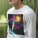 長袖Tシャツ 人間用 メンズ 秋春夏 プリント レジャー アウトドア カジュアル かわいい 猫 宇宙 ネビュラ 月 星