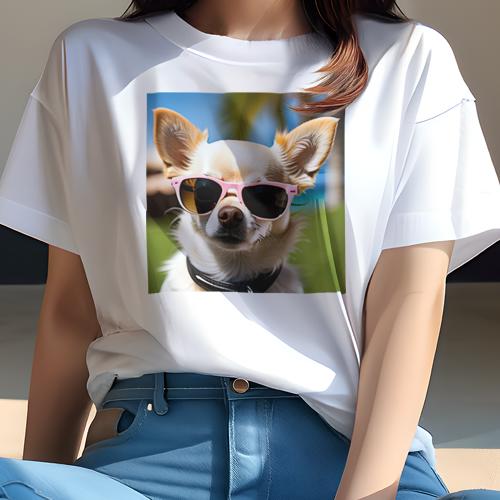 Tシャツ レディース 犬ファン 半袖 春夏 プリント カジュアル かわいい 人間用 フィットネス サングラス チワワ ビーチ パームツリー Tシャツ レディース 犬ファン 半袖 春夏 プリント カジュアル かわいい 人間用 フィットネス サングラス チワワ ビーチ パームツリー