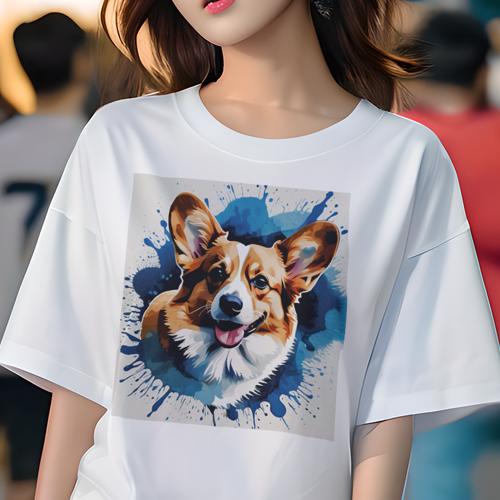 Tシャツ レディース 犬ファン 半袖 春夏 プリント カジュアル かわいい 人間用 フィットネス スプラッシュアート コーギー 青色