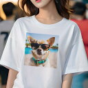 Tシャツ レディース 犬ファン 半袖 春夏 プリント カジュアル かわいい 人間用 フィットネス サングラス チワワ 青い首輪 水泳プール ビーチ(4)
