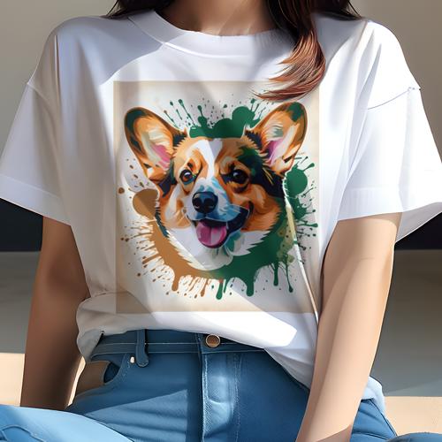 Tシャツ レディース 犬ファン 半袖 春夏 プリント カジュアル かわいい 人間用 フィットネス スプラッシュアート コーギー 色彩豊か