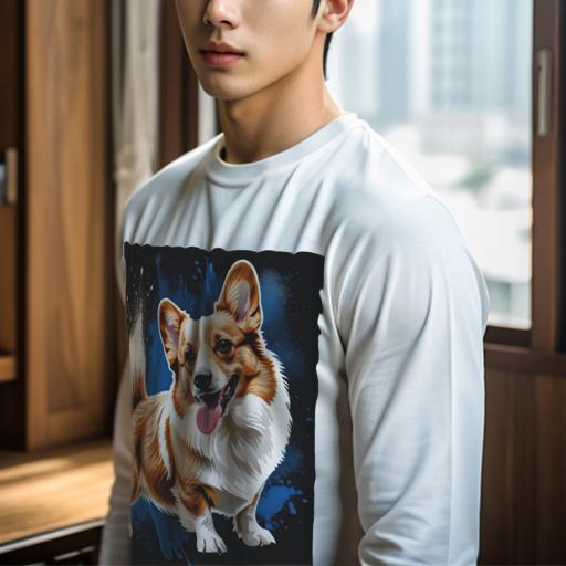 長袖Tシャツ 人間用 メンズ 秋春夏 プリント レジャー アウトドア カジュアル かわいい スプラッシュペイント コーギー 青 黒