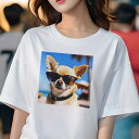 Tシャツ レディース 犬ファン 半袖 春夏 プリント カジュアル かわいい 人間用 フィットネス サングラス チワワ ビーチ パームツリー 傘
