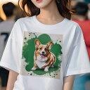Tシャツ レディース 犬ファン 半袖 春夏 プリント カジュアル かわいい 人間用 フィットネス 緑の背景 ウェルシュコーギー スプラッシュペイント(4)