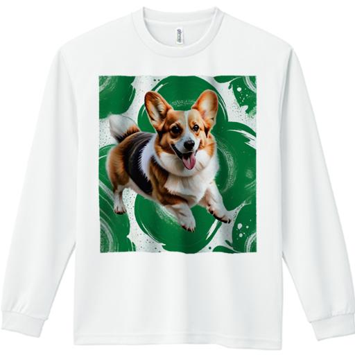 長袖Tシャツ 人間用 メンズ 秋春夏 プリント レジャー アウトドア カジュアル かわいい 緑の背景 コーギー アートスプラッシュ