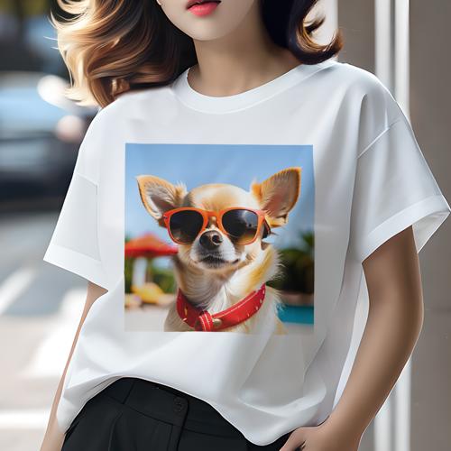 Tシャツ レディース 犬ファン 半袖 春夏 プリント カジュアル かわいい 人間用 フィットネス サングラス チワワ 赤い首輪 プールサイド 青空 日差し Tシャツ レディース 犬ファン 半袖 春夏 プリント カジュアル かわいい 人間用 フィットネス サングラス チワワ 赤い首輪 プールサイド 青空 日差し