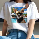 Tシャツ レディース 犬ファン 半袖 春夏 プリント カジュアル かわいい 人間用 フィットネス サングラス チワワ プール ヤシの木 日傘 バンダナ