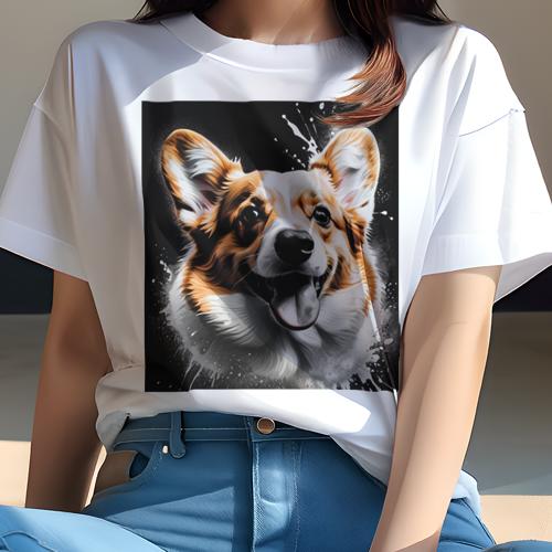 Tシャツ レディース 犬ファン 半袖 春夏 プリント カジュアル かわいい 人間用 フィットネス スプラッシュアート コーギー 笑顔 黒背景 Tシャツ レディース 犬ファン 半袖 春夏 プリント カジュアル かわいい 人間用 フィットネス スプラッシュアート コーギー 笑顔 黒背景