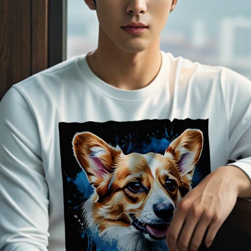 長袖Tシャツ 人間用 メンズ 秋春夏 プリント レジャー アウトドア カジュアル かわいい スプラッシュアート ウェルシュコーギーペンブローク 青いペイント グラフィックデザイン