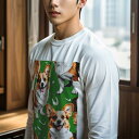 長袖Tシャツ 人間用 メンズ 秋春夏 プリント レジャー アウトドア カジュアル かわいい 緑色背景 ウェルシュコーギー 馬蹄