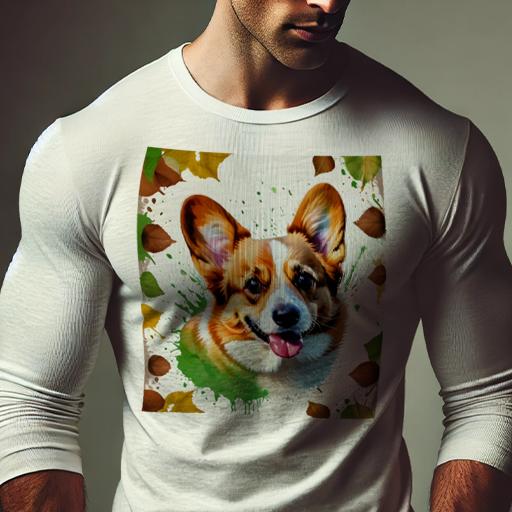 長袖Tシャツ 人間用 メンズ 秋春夏 プリント レジャー アウトドア カジュアル かわいい 葉っぱ ウェルシュコーギー ペイントスプラッシュ